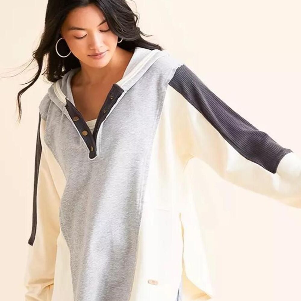BKE Raw Edge Henley Hoodie - Heather Grey